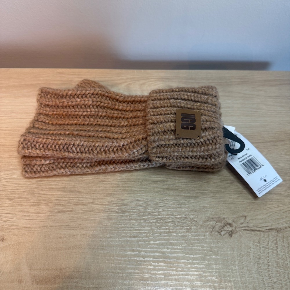 UGG Chunky Fingerless Cuff Gloves Camel Brown Wool Blend Ribbed Knit  NEW